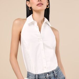Lulus Aeres White Button-front Collared Halter Bodysuit - Size S